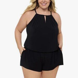 UPF 50 High Neck Swim Romper with Pockets One Piece Swimsuit - Aqua Green 18